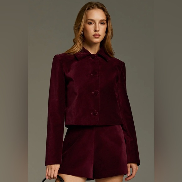 Commense Velvet Button-Front Jacket Burgundy - Picture 2 of 4